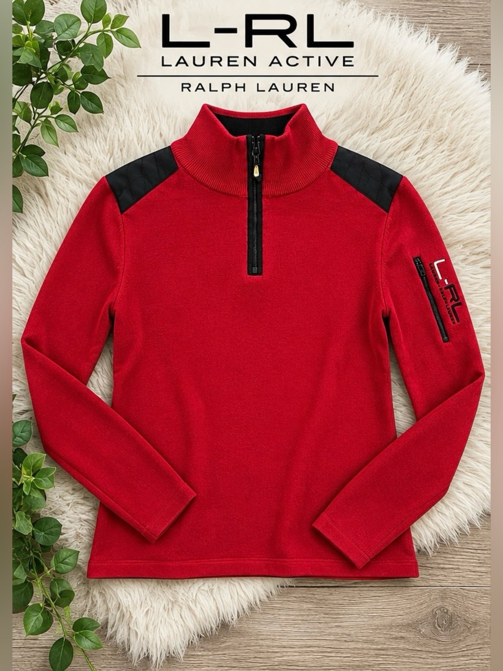 Vintage Ralph Lauren Red Half‑Zip Turtleneck with Black Shoulder Panels size L